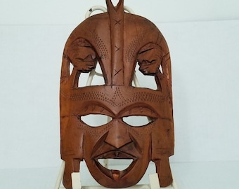 Vintage Hand Carved African Wood Mask: Masai Style Wall Sculpture
