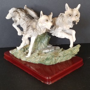 Vintage Prowling Wolves Sculpture: Stone Resin Figurine on Wood