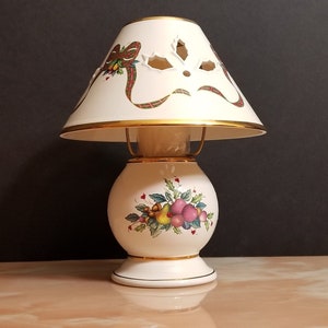 Christmas Themed Candle Lamp And Shade Embellished With 18K Gold Trimmings, Porcelain Candleholder Lamp, Vintage Candlestick Holder Lamp