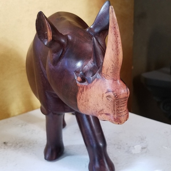 Large Rhino Red Wood Sculpture, Vintage Rhinoceros Hand Carved Wooden Figurine - 12 1/2" Long x 8 1/8" Tall