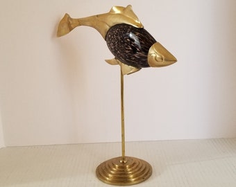 Vintage Fish Sculpture, Solid Brass and Resin Tropical Fish Sculpture on a Brass Stand and Base, Solid Brass Fish Figurine, Nautical Deco