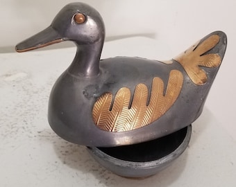 Hiding Dish Made In Hong Kong, Brass And Pewter Duck Figurine, Storage Dish For Storing and Hiding Small Items Such as Keys Or Jewelry