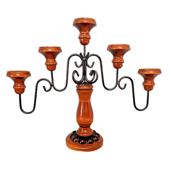 Wood And Metal Candelabra, 5-Cup Candlestick Holder, Vintage Candelabra Center Piece From The 1970s and 1980s - Free Shipping