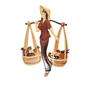 Hand Carved Wood Sculpture: Vietnamese Woman with Baskets Wall Decor