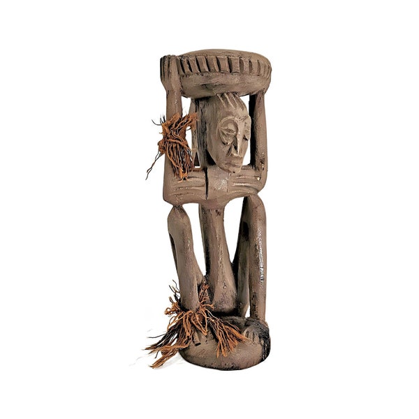 Sculpture en bois aztèque mexicaine, statue vintage de personnage assis portant un plateau avec bracelet de cheville et bracelet en tissu