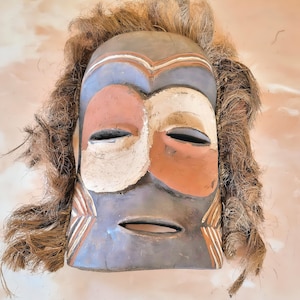 Vintage African Tribal Mask: Ghana Wood Mask with Raffia Beard
