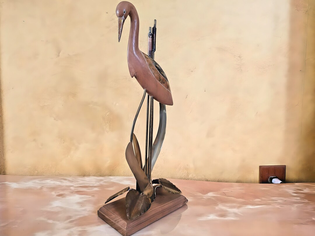 Vintage Solid Wood and Metal Great Egret Statue, Vintage Wood and Brass