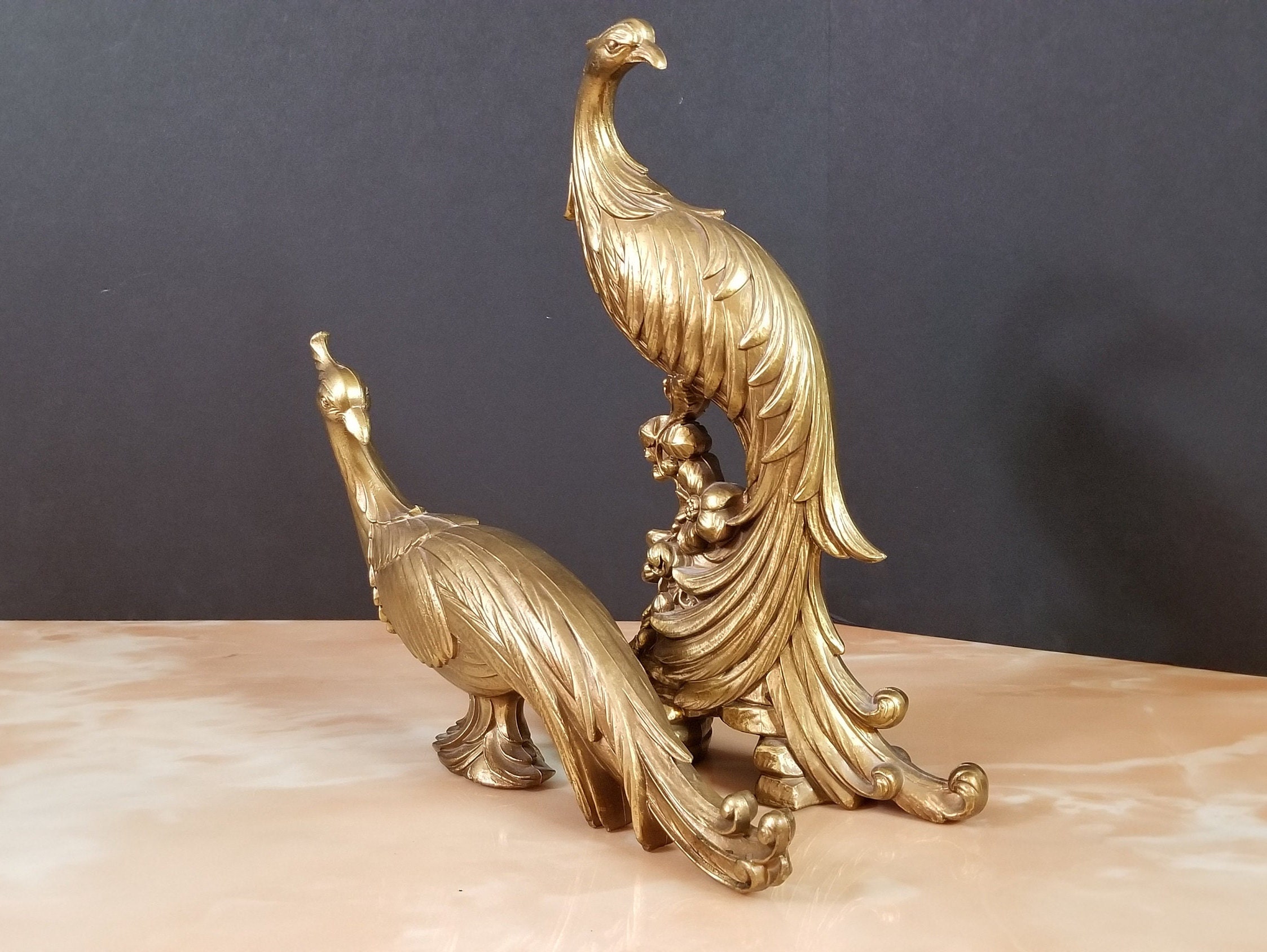 Peacock Figurines Pair Vintage Gold Finished Peacock Tabletop Etsy
