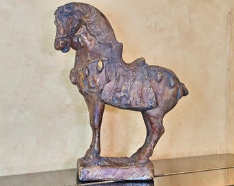 Attila's Cast Stone Horse Sculpture: Antiqued Equestrian Statue
