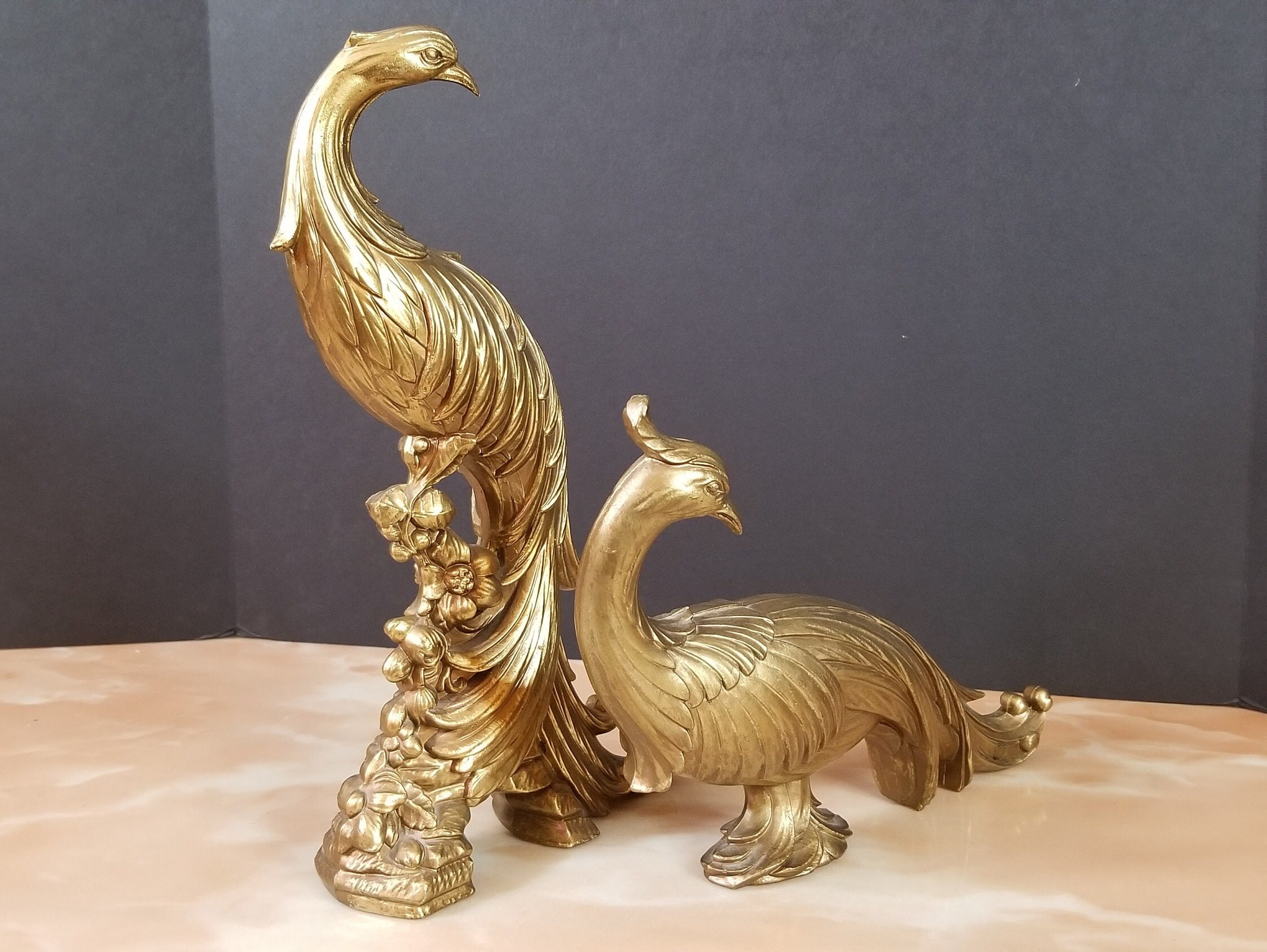 Peacock Figurines Pair Vintage Gold Finished Peacock Tabletop Etsy