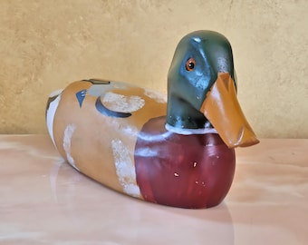 Hand Carved Wood Duck Decoy with Glass Eyes - 15.5"