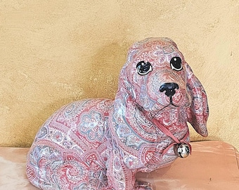 Decoupage Basset Hound Figurine: Handmade Folk Art Dog Sculpture