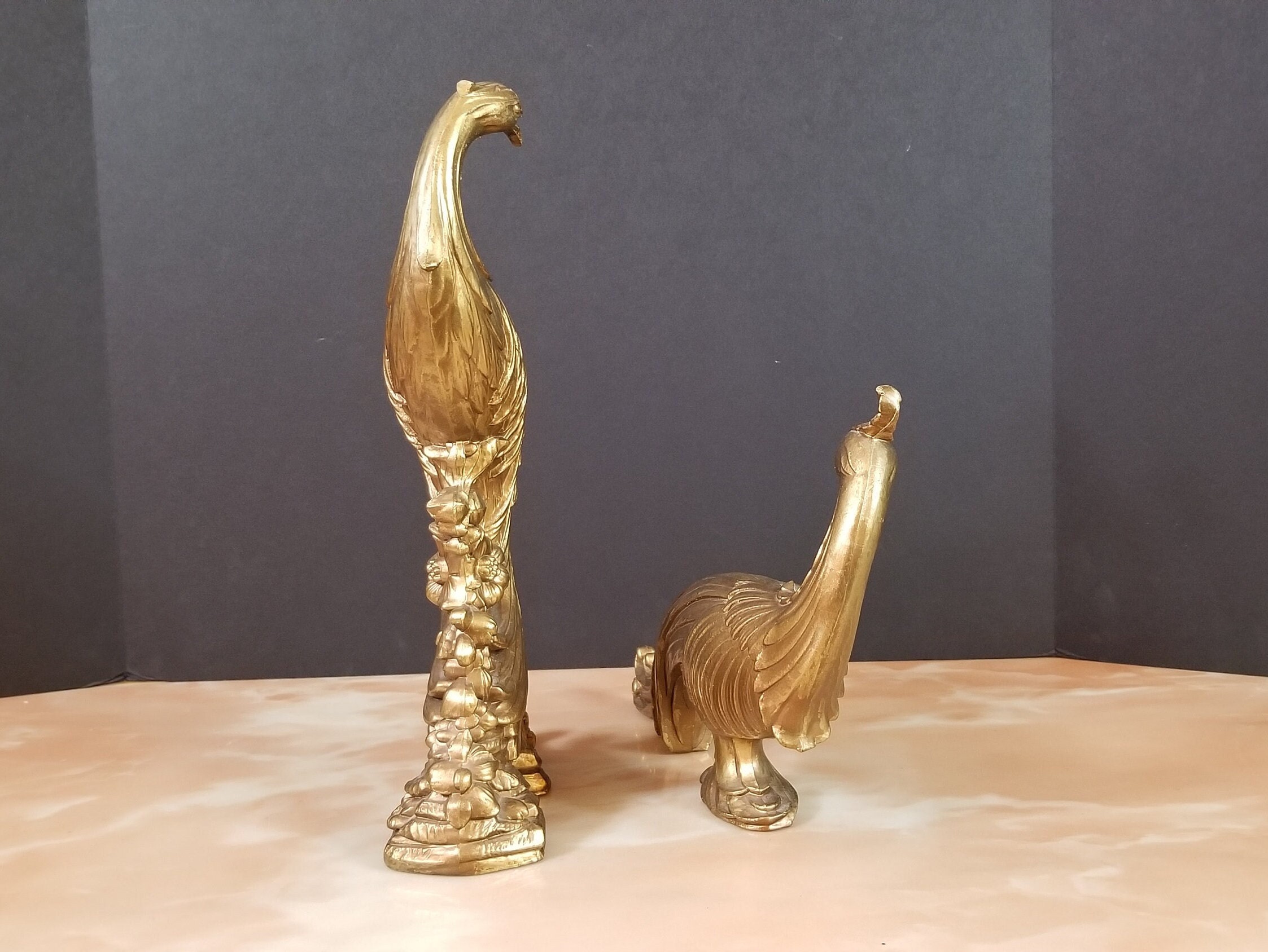 Peacock Figurines Pair Vintage Gold Finished Peacock Tabletop Etsy