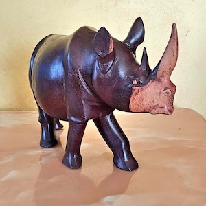 Large Rhino Red Wood Sculpture - Rhinoceros Statue - Vintage Hand-Carved Wooden Rhino Figurine - Large African Safari Decor