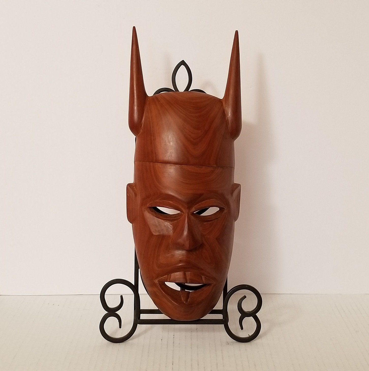 Hand Carved African Demon Mask, Muhuhu Wood Horned Mask, Kenya - Etsy