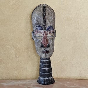 Handcrafted Ghanaian Metal-Faced Tribal Mask - Tabletop African Art - Vintage African Stand-Alone Wooden Mask - Mask Sculpture - 20.25&quot; Tall