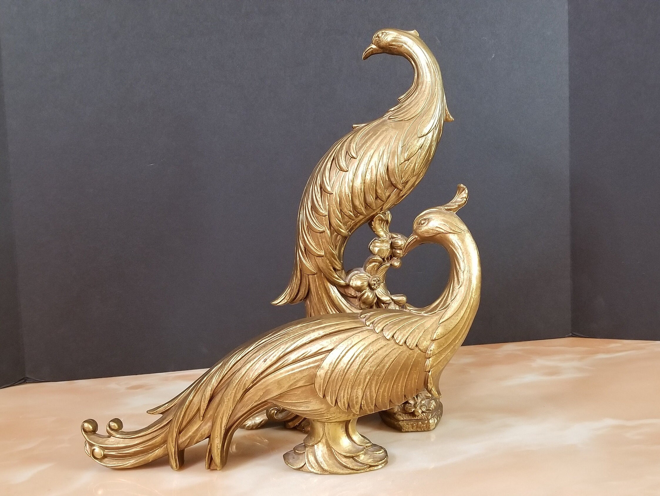 Peacock Figurines Pair Vintage Gold Finished Peacock Tabletop Etsy