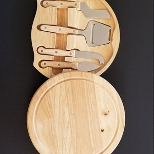 5 Piece Kitchen/Cheese Tools Kit in Oval Pine Wood Box - Built-In Drawer, 4 Piece Knife and Cutlery Kit, Wedding Gift Set