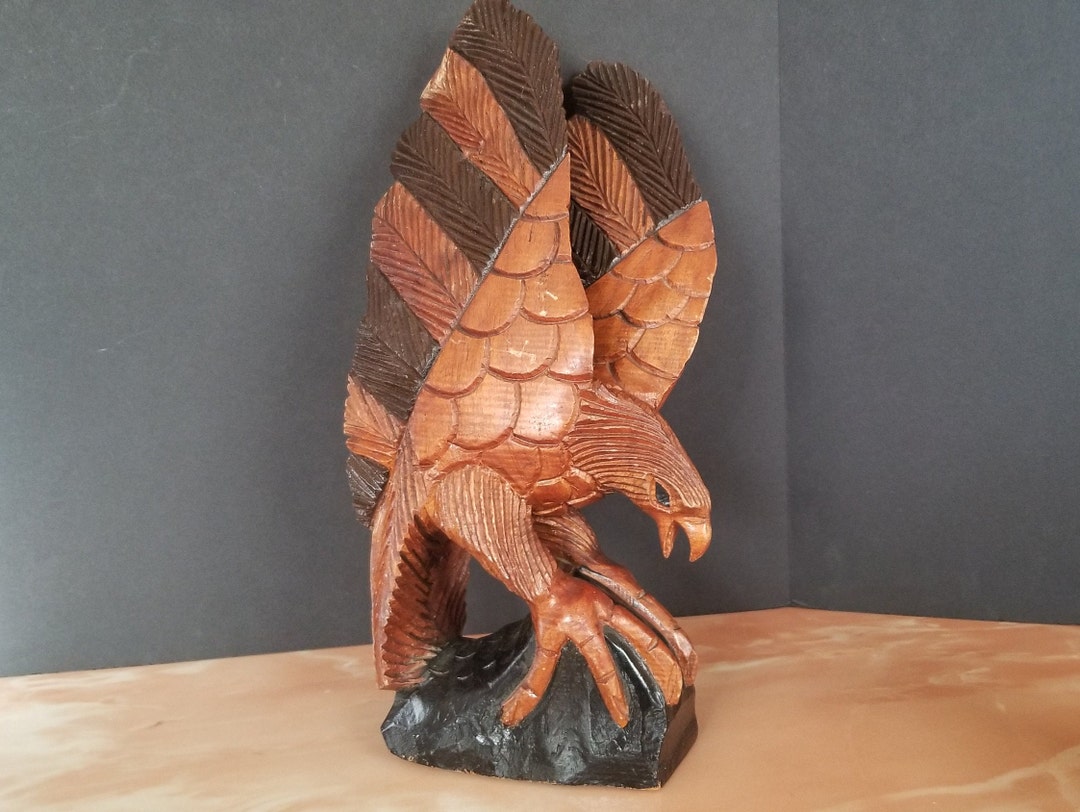 Large Wooden Bald Eagle Statue, Figurative Sculpture of a Perching Bald