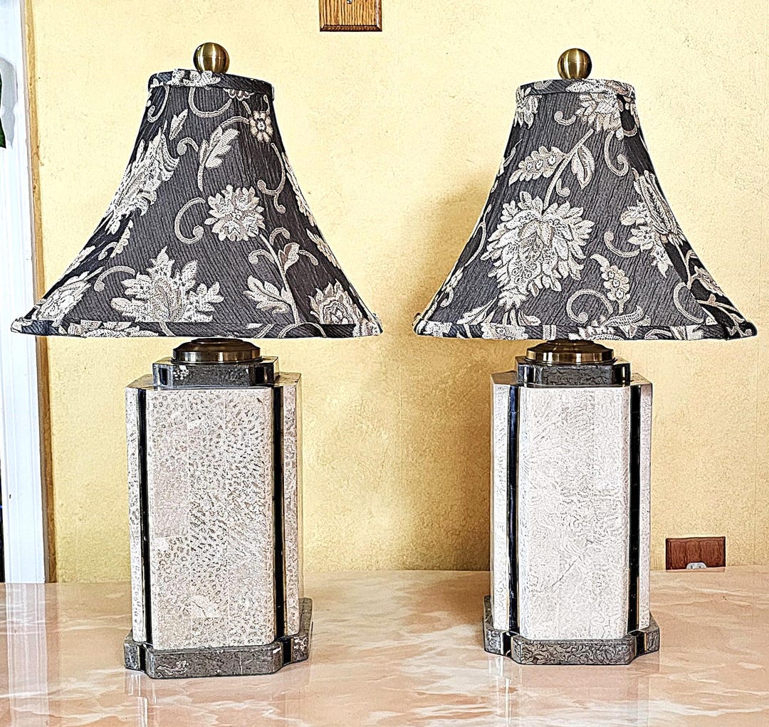 Pair of Wildwood Travertine & Brass Table Lamps With Black Floral Bell ...