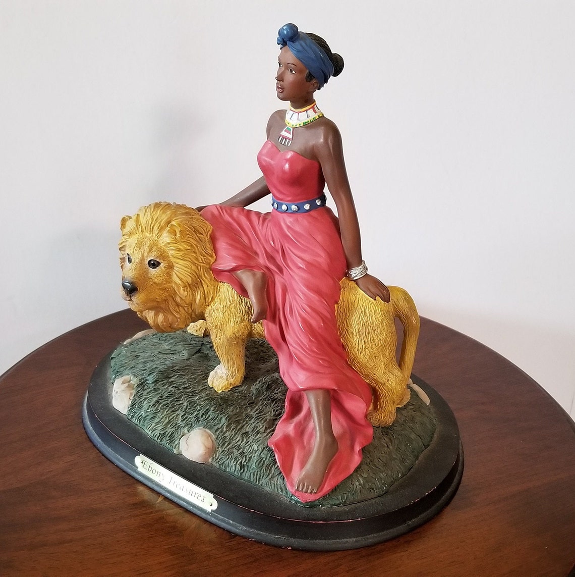 Ebony Treasures Stone Resin Statue of Woman Sitting on a Lion Etsy