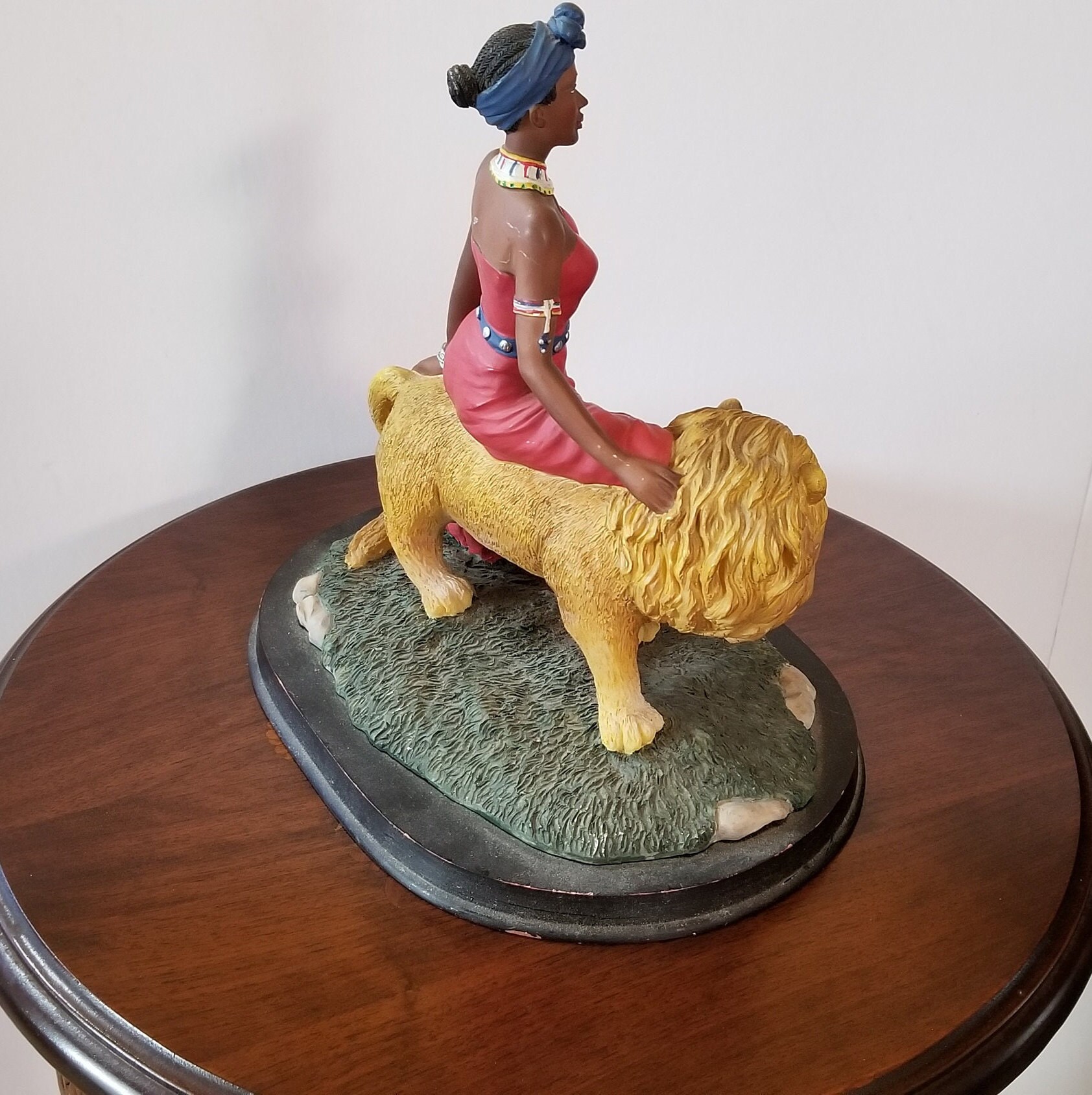 Ebony Treasures Stone Resin Statue of Woman Sitting on a Lion Etsy
