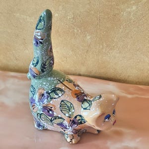 Vintage Hand Painted Ceramic Cat Piggy Bank: Floral Table Decor