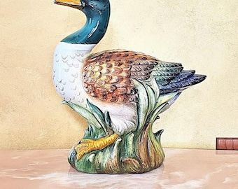 Italian Hand-Painted Large Mallard Duck Figurine – Vintage Rustic Ceramic Wildlife Décor - 17" Tall