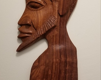 Vintage African Redwood Wall Sculpture: Hand Carved Man Plaque