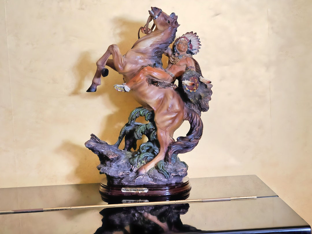 Native American Warrior Sculpture on Wooden Base, Native American