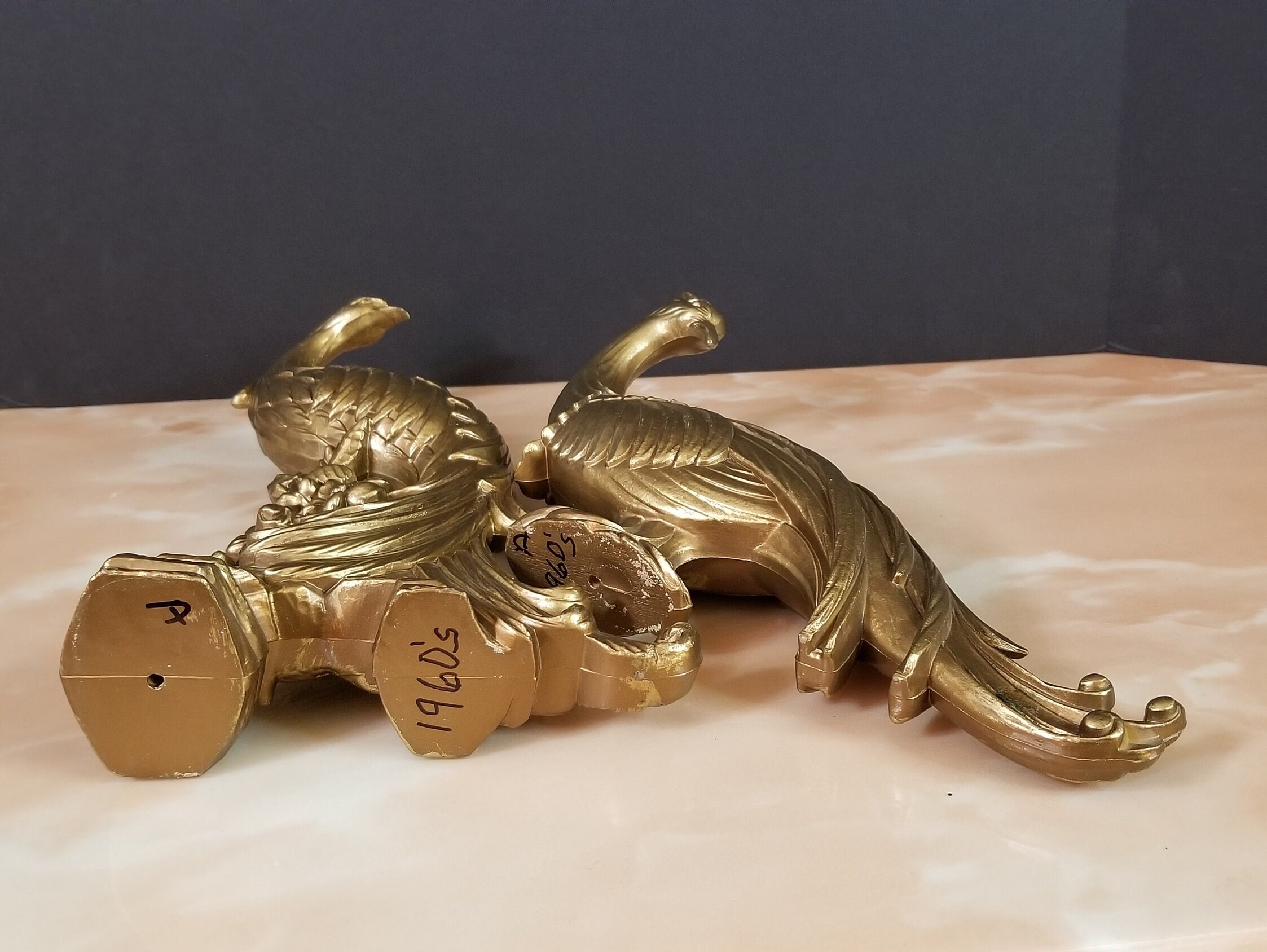 Peacock Figurines Pair Vintage Gold Finished Peacock Tabletop Etsy