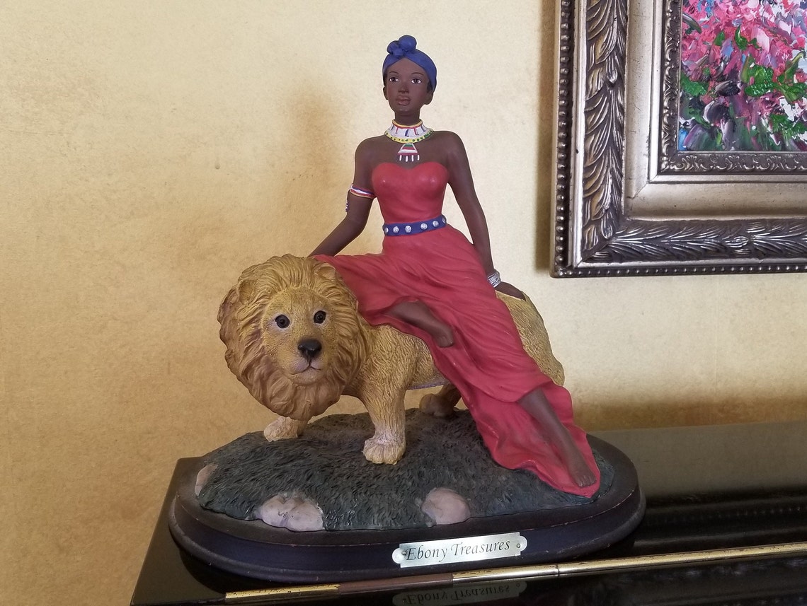 Ebony Treasures Stone Resin Statue of Woman Sitting on a Lion Etsy