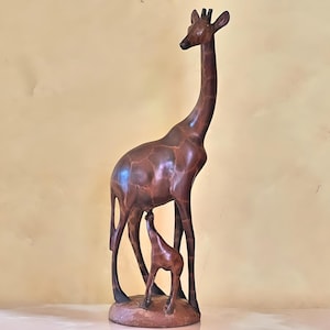 Handcrafted Wooden Giraffe and Calf Sculpture: African Safari Art