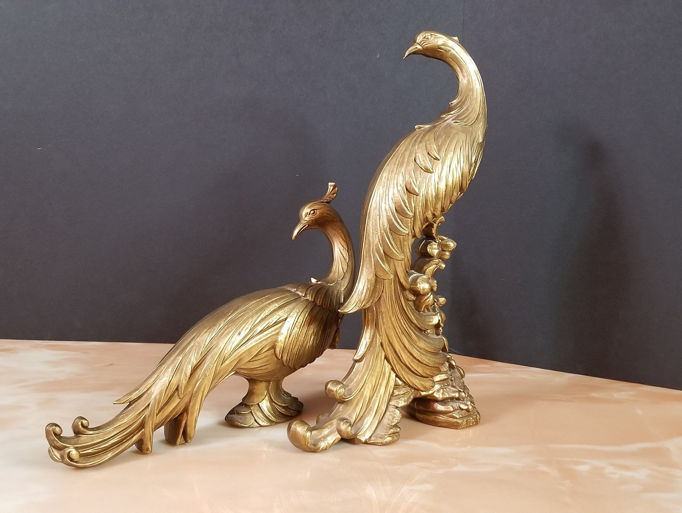 Peacock Figurines Pair Vintage Gold Finished Peacock Tabletop Etsy