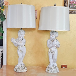 Vintage Hand-Painted Italian Figural Table Lamps, Cherub Table Lamp Pair with Elegant White Shades