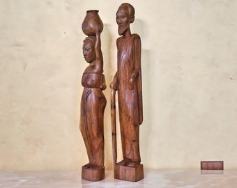 Tall African Natural Wood Sculptures, Vintage Hand Carved Wooden Statues, Tall Pair of Figurative Statues, Tabletop Gifts and Deco - 25"H