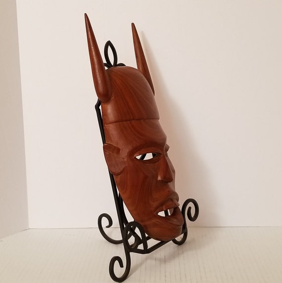 Hand Carved African Demon Mask, Muhuhu Wood Horned Mask, Kenya - Etsy