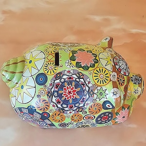 Hand-Painted Mosaic Piggy Bank: Colorful Folk Art Ceramic Coin Saver