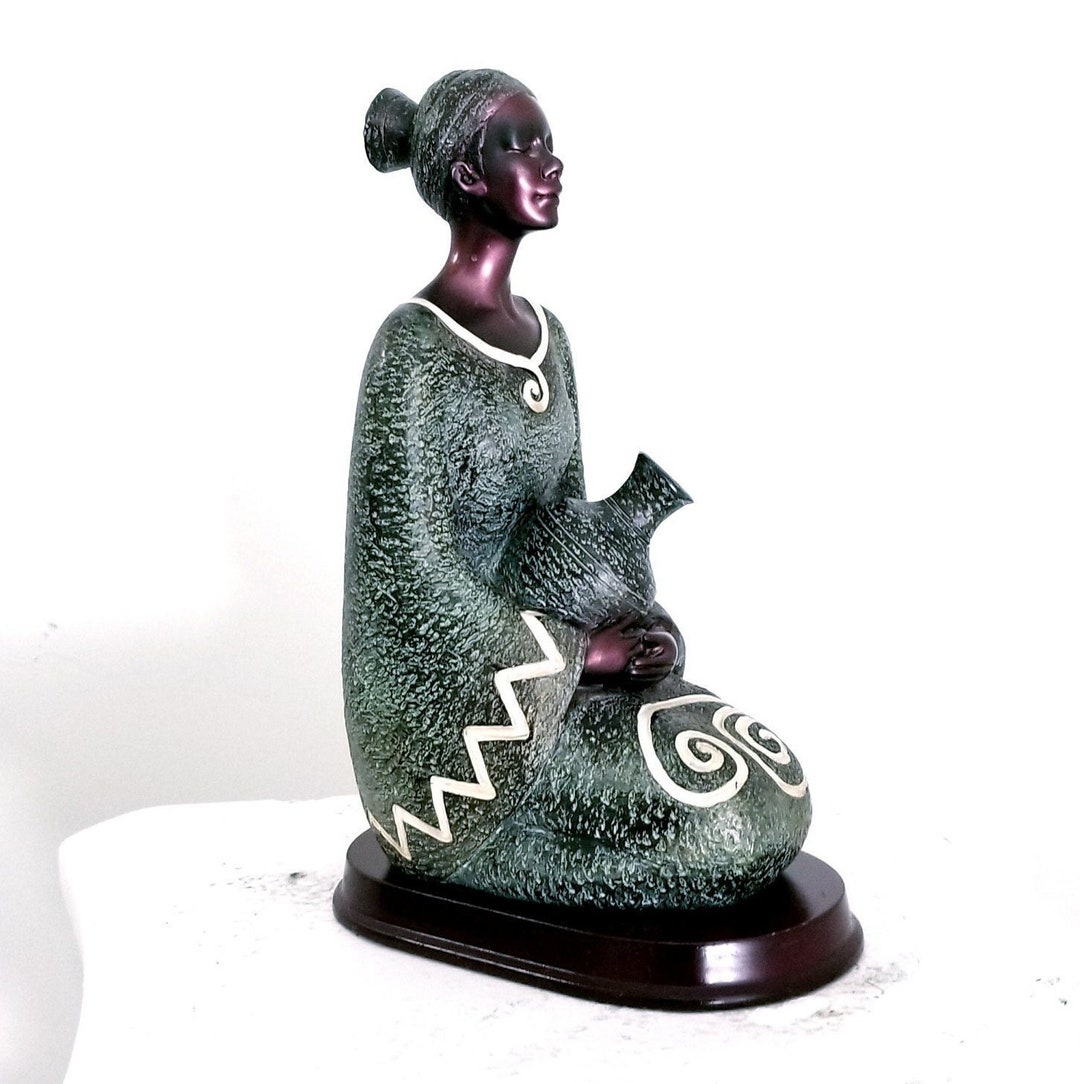 Vintage Stone Resin Statue of a Sitting Female Figure Holding a Gourd