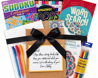 Puzzle Book Variety Kit — Sudoku, Word Search, Crossword, Adult Coloring Book, Journal, Get Well Gift, Recovery Care Package