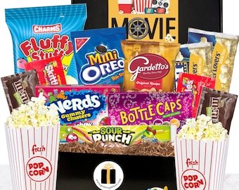 Cesta de regalo para noche de cine en familia: Paquete de aperitivos para la película con palomitas de maíz, dulces y golosinas / Regalo de cumpleaños, agradecimiento, premio de rifa, aniversario