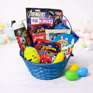 May include: A blue woven Easter basket filled with Marvel Avengers and Spider-Man themed toys and treats. Includes a water bottle, puzzle, candy, and colorful plastic eggs. A fun gift for kids.