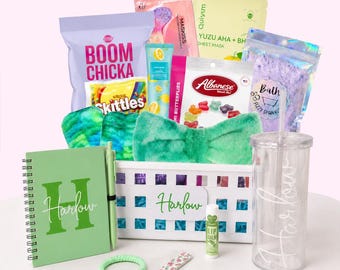 Personalized Spa Gift Basket for Her - Self Care Gift Set with Tumbler & Notebook, College Care Package, Back to School Gift