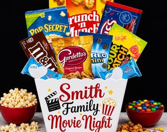 Personalized Movie Night Gift Basket - Custom Popcorn Bowl Snack Set, Family Movie Night Box, Birthday Gift
