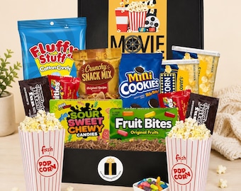 Movie Night Gift Box with Popcorn, Candy & Snacks - Birthday, Back to School Care Package, Raffle Prize