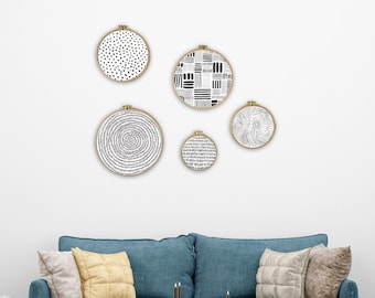Black and White African Wall Hanging | 5 Piece Mudcloth Gallery Wall Set | Aztec Print | Wood Circle Framed Wall Decor | Tapestry Finished