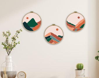 Arte de paisaje montañoso en tonos tierra: impresiones bohemias modernas de mediados de siglo (juego de 3)