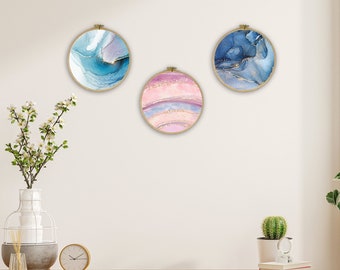 Arte de pared de mármol azul: efecto cristal fluido, brillo dorado melocotón (juego de 3)