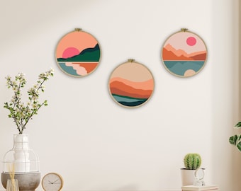 Conjunto de impresiones Sunset Mountain / Tríptico de pared moderno de mediados de siglo