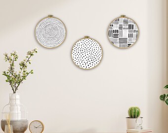 Conjunto de impresiones de tela de barro / Arte mural azteca en blanco y negro (23 cm)